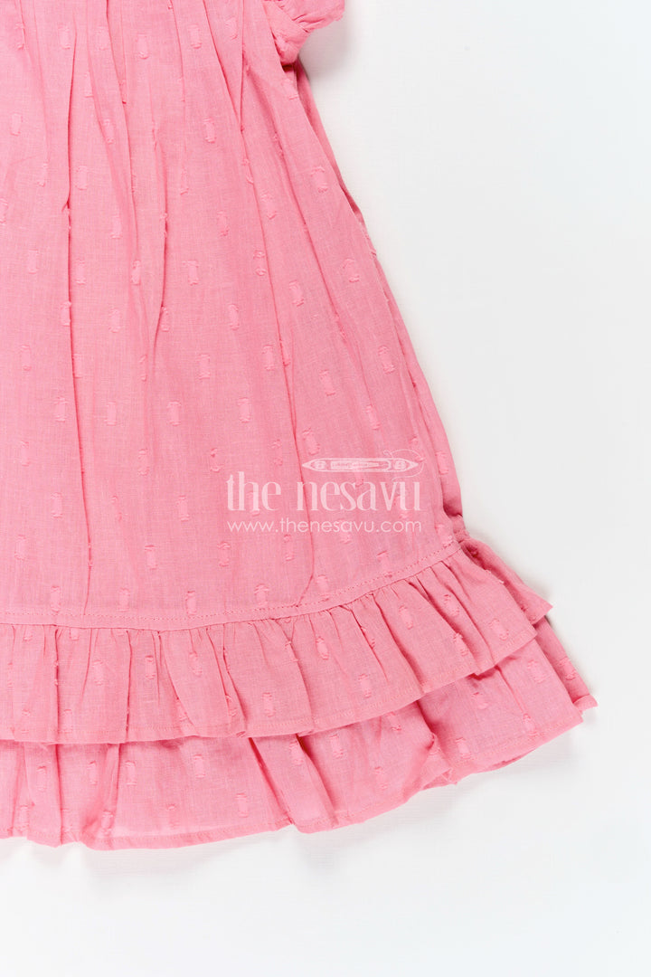 Girls Georgette Material Frock in Solid Pink with Ruffle Sleeves and Flowy Double-Layered Hem