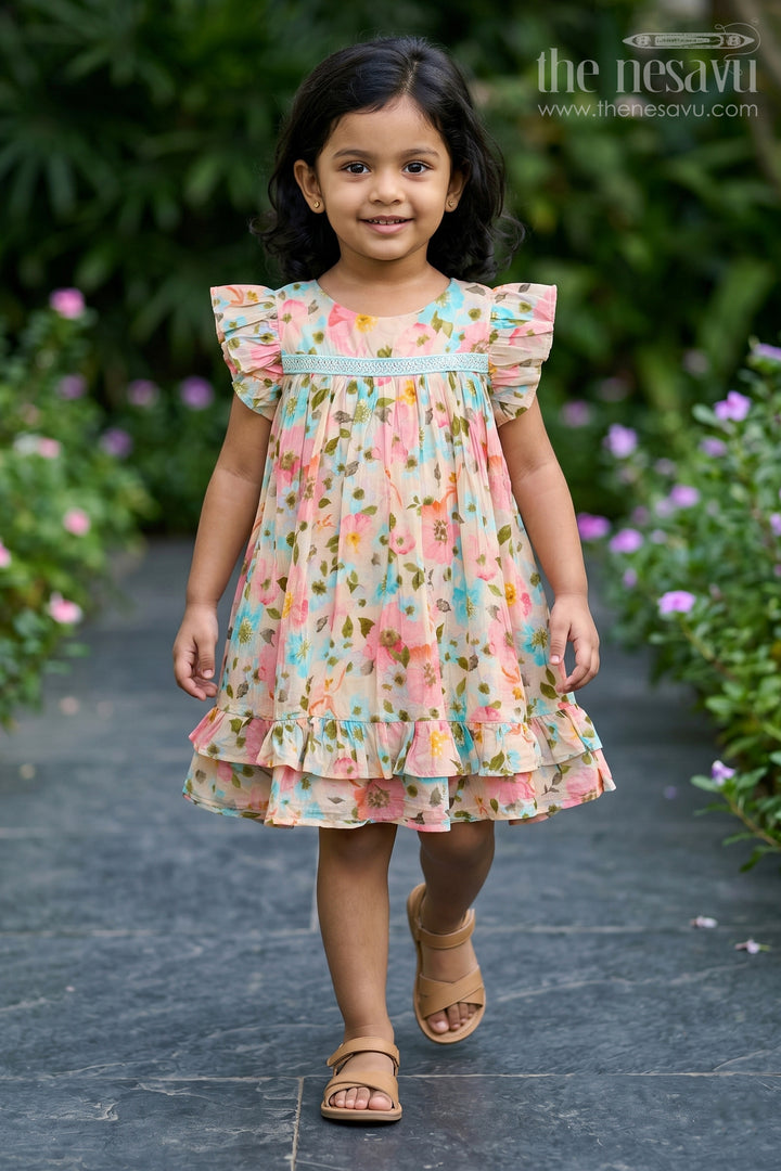 Girls New Style Frock in Modal Silk with Floral Digital Print and Ruffle Sleeves for Everyday Charm