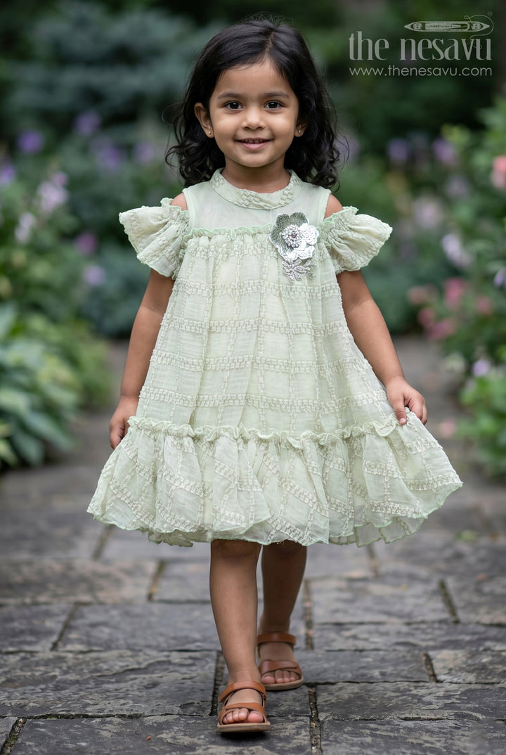 Organza Dress Frock for Girls in Light Green with Ruffle Hem and Floral Brooch Detail