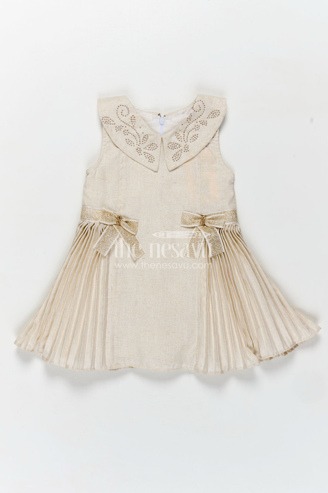 Bacchon Ki Dress Cream Girls Fancy Frock in Cotton Satin with Pleated Panels and Glitter Bow Accents