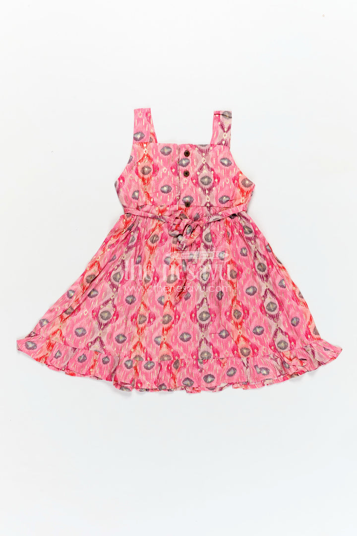 Girls Everyday Casual Cotton Frock in Pink Modal Silk with Digital Print and Ruffled Hem for Daily Style