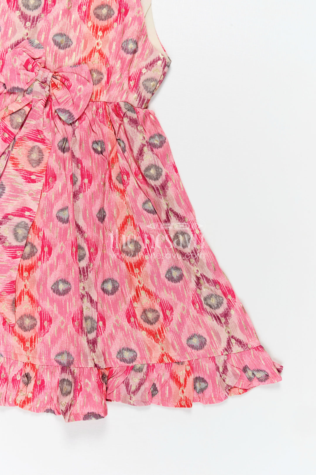 Girls Everyday Casual Cotton Frock in Pink Modal Silk with Digital Print and Ruffled Hem for Daily Style
