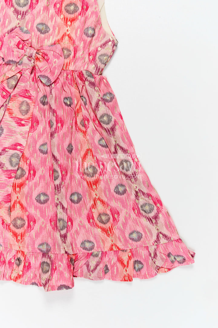 Girls Everyday Casual Cotton Frock in Pink Modal Silk with Digital Print and Ruffled Hem for Daily Style
