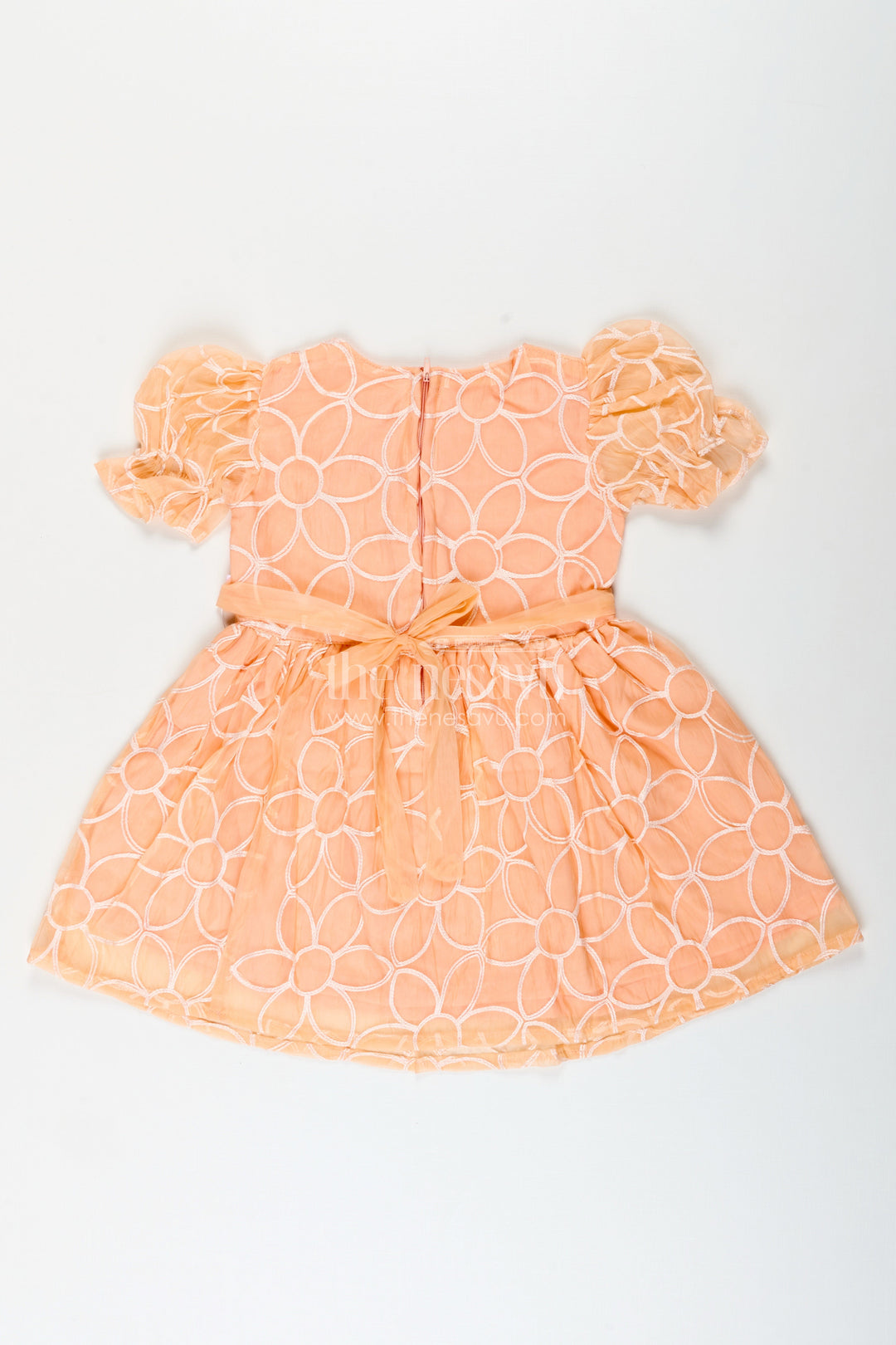 Girls peach embroidered organza frock with puff sleeves for birthday wear
