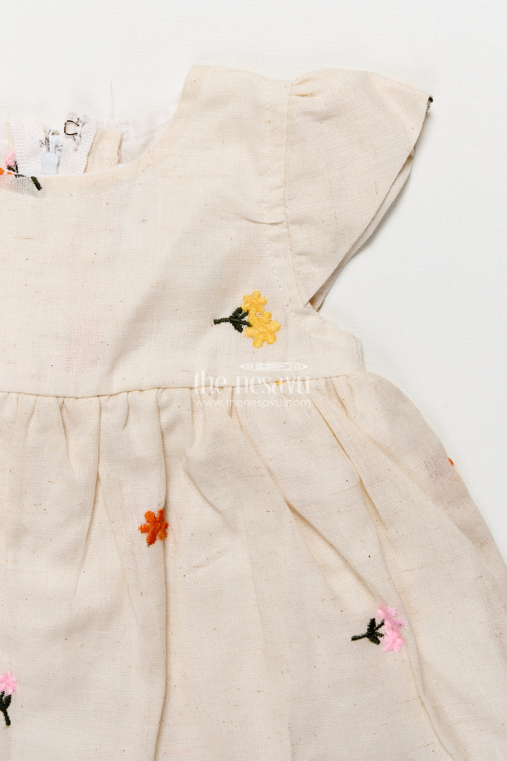 Cotton Frock for Toddler Girls with Floral Embroidery and Frill Hem