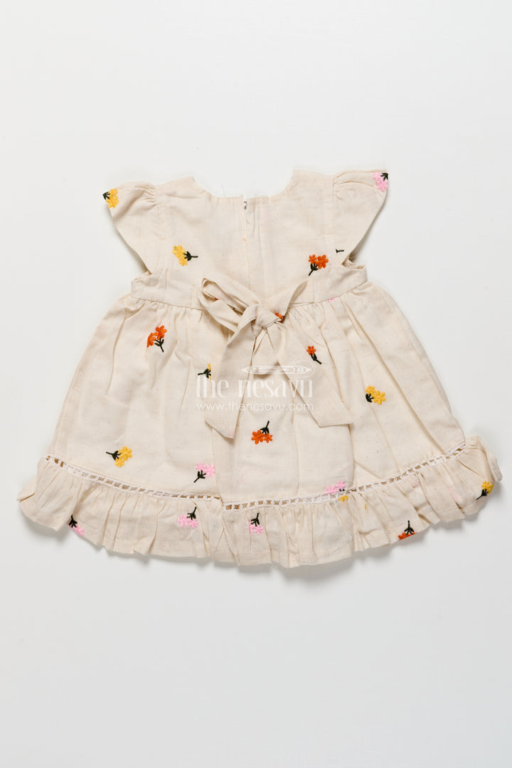 Cotton Frock for Toddler Girls with Floral Embroidery and Frill Hem