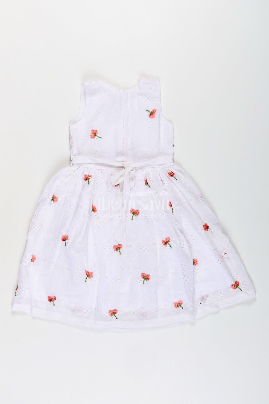 Baby girl georgette frock with cherry embroidery and peach bow for festive occasions