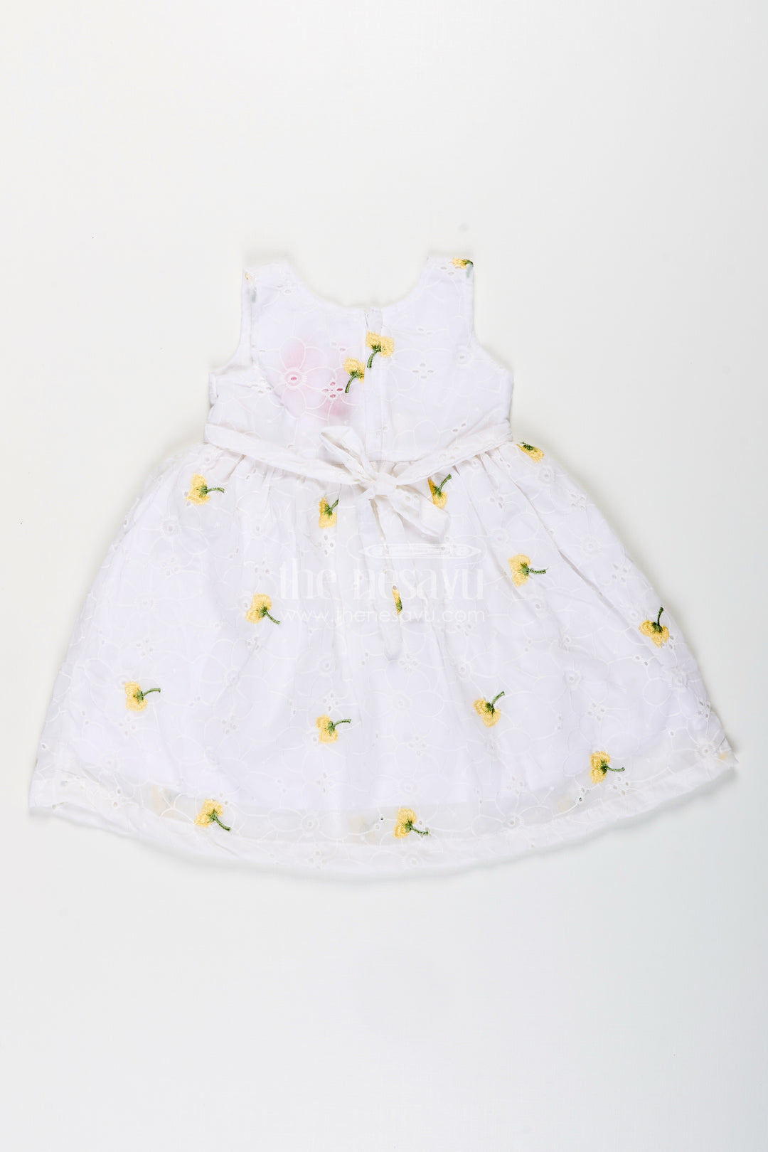 Baby girl georgette frock with cherry embroidery and yellow bow for parties