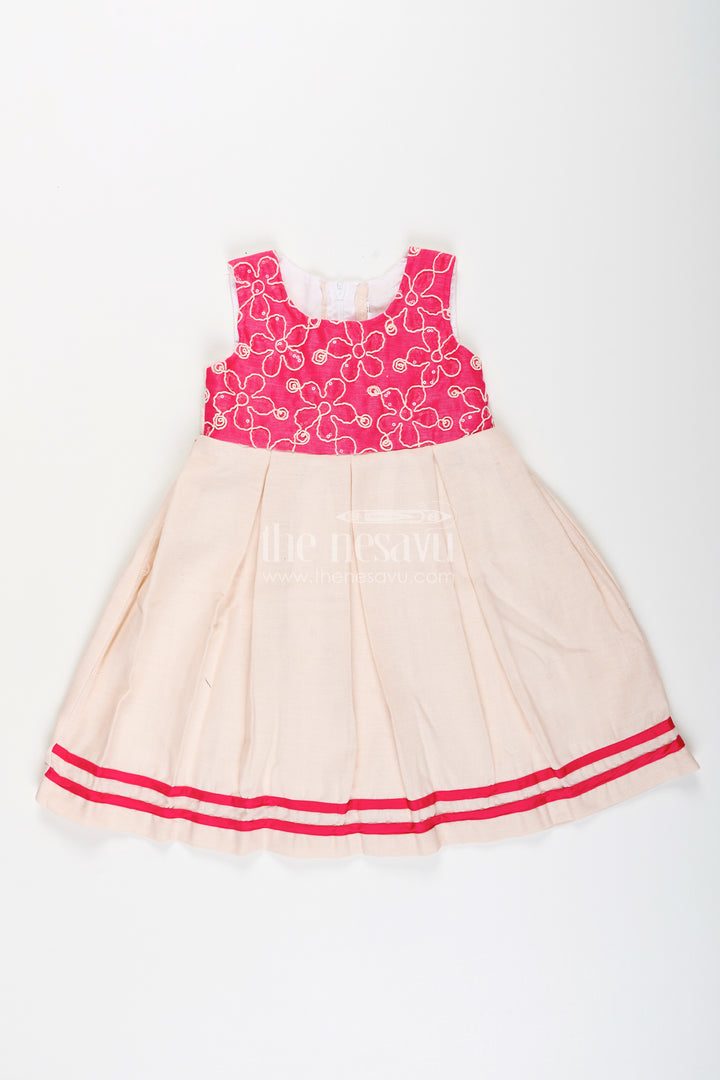 Baby girl flax cotton frock with pink yoke embroidery for parties