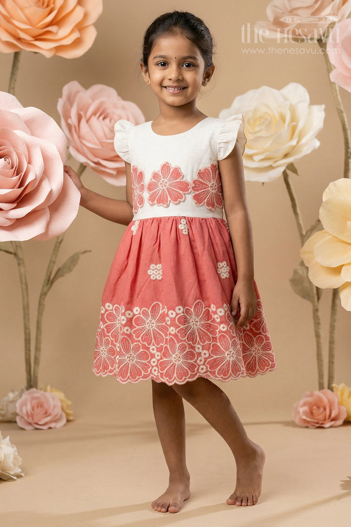 Red Cotton Frock for Girls with Floral Hem Embroidery