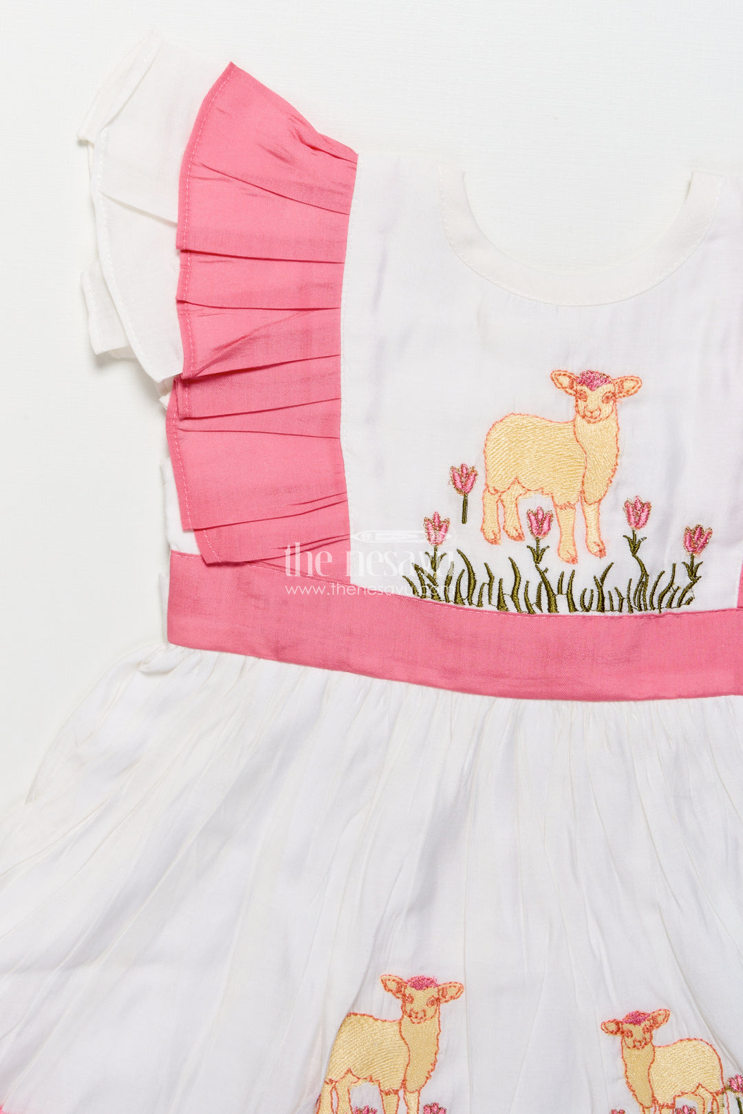 Girls Chanderi Cotton Frock with Lamb Embroidery for Birthday Events