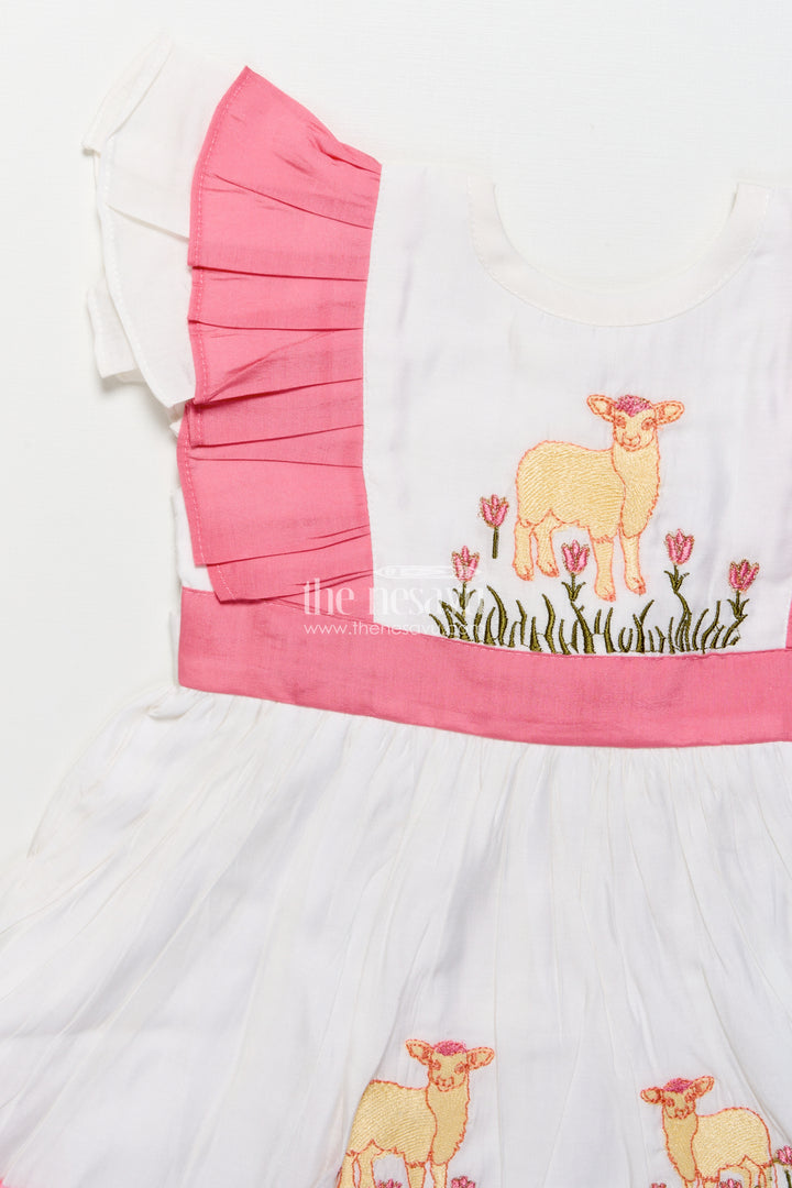 Girls Chanderi Cotton Frock with Lamb Embroidery for Birthday Events