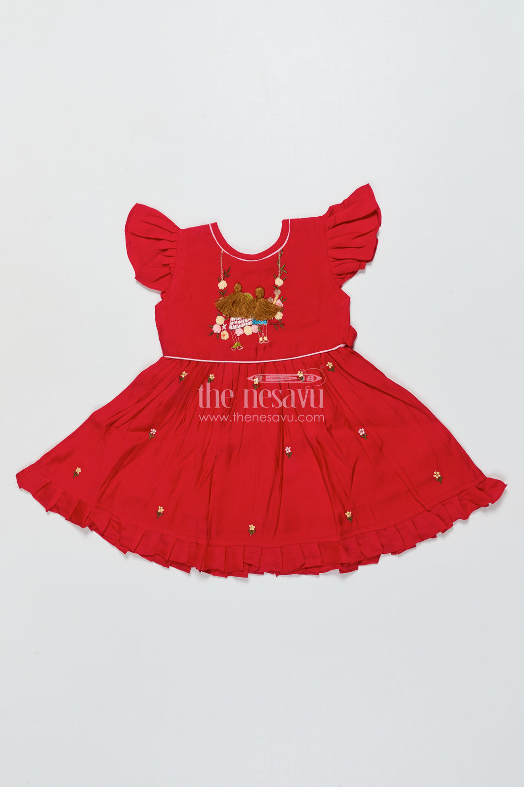 Baby Girl Red Chanderi Frock with Embroidery for Birthdays and Festive Occasions
