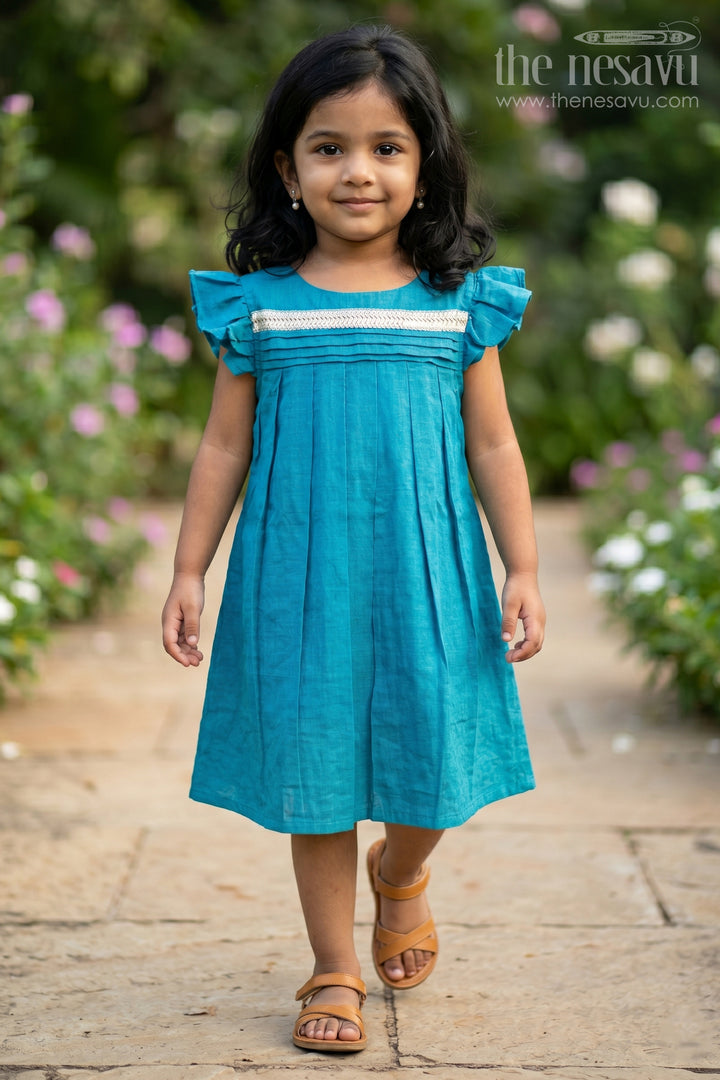 Toddler Girl Chanderi Cotton Frock with Lace Yoke for Poojas and Festive Days