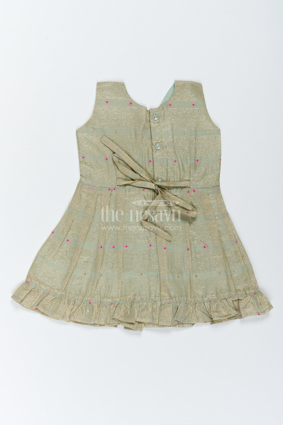 Girls Chanderi Frock in Green with Woven Texture