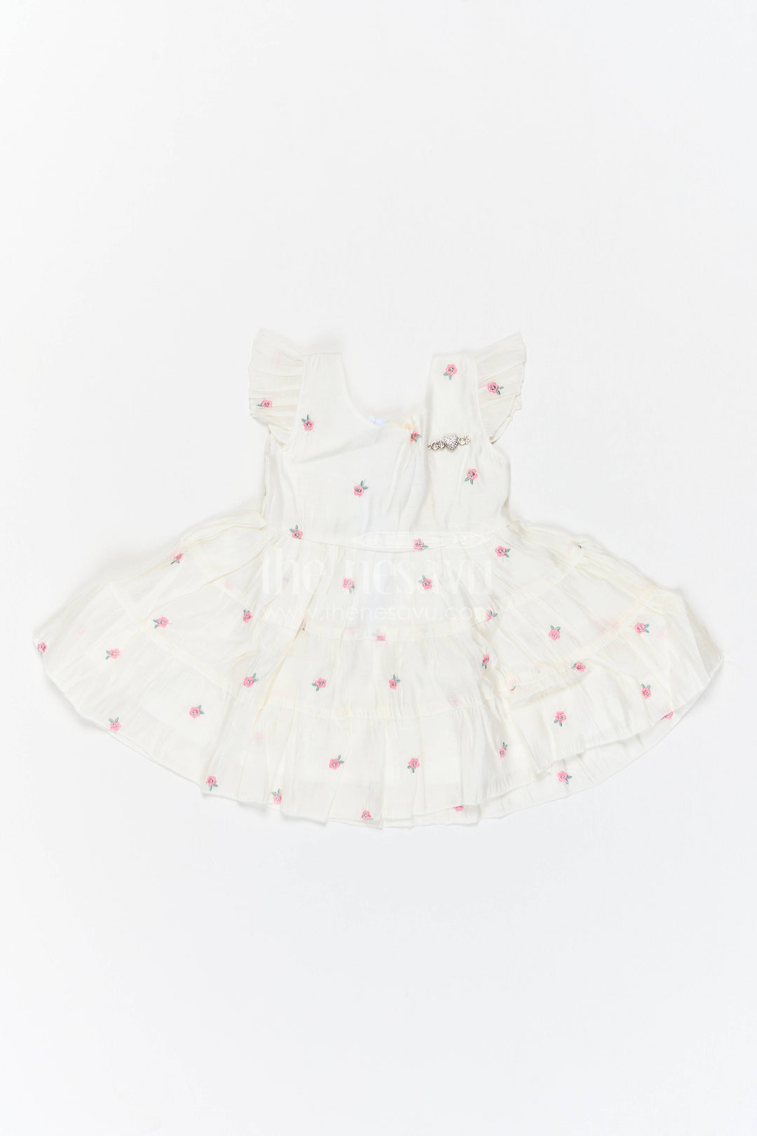Girls Chanderi Frock in Off White with Thread Embroidery