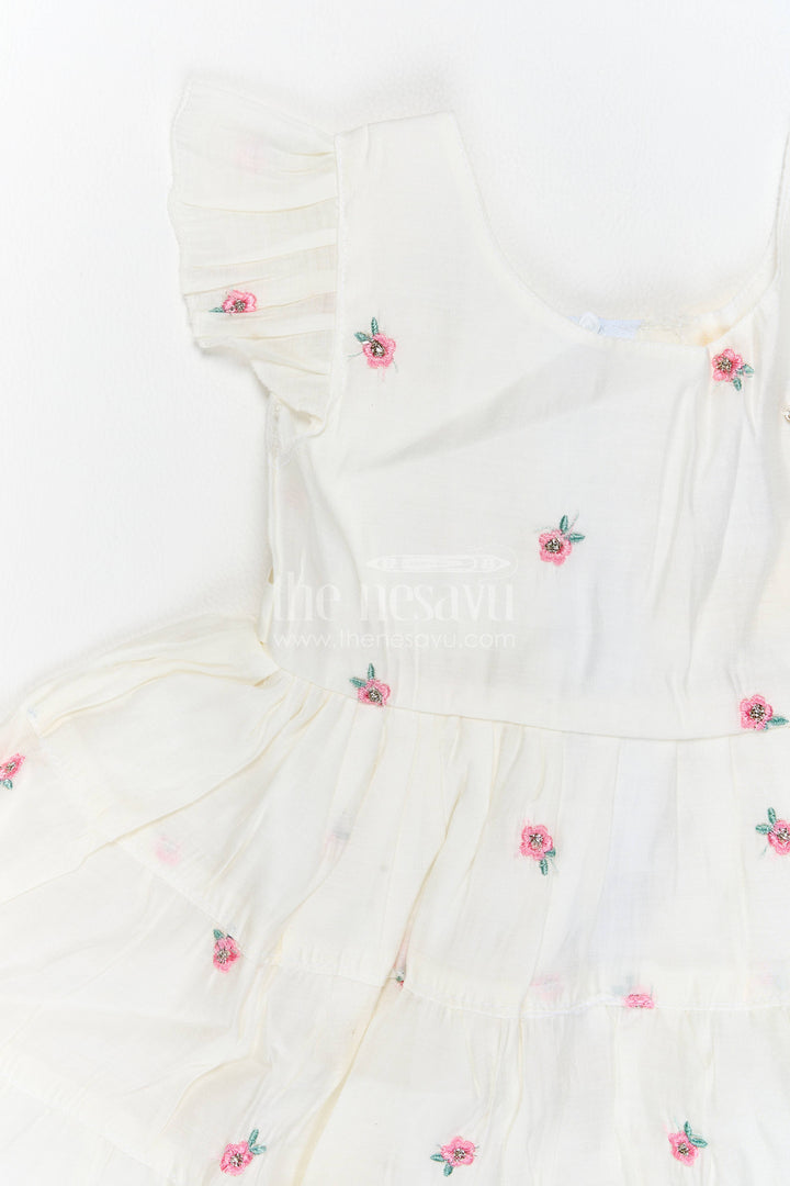 Girls Chanderi Frock in Off White with Thread Embroidery