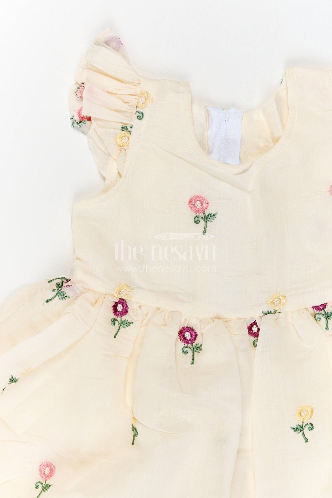 Girls Chanderi Frock in Cream with Thread Embroidery