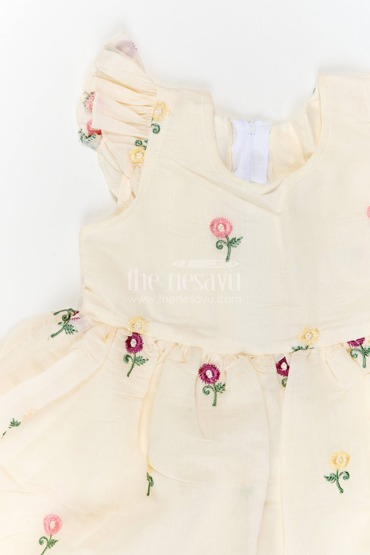 Girls Chanderi Frock in Cream with Thread Embroidery