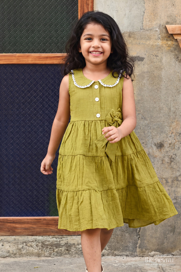 Girls Olive Green Lace Collar Side Bow Cotton Blend Frock