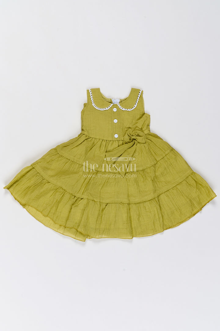 Girls Olive Green Lace Collar Side Bow Cotton Blend Frock