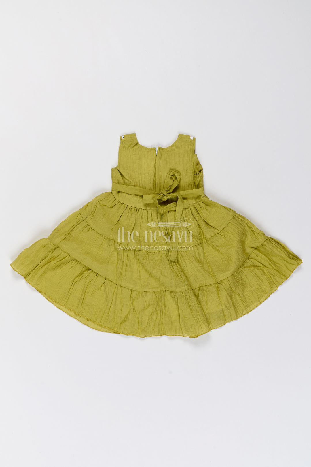 Girls Olive Green Lace Collar Side Bow Cotton Blend Frock