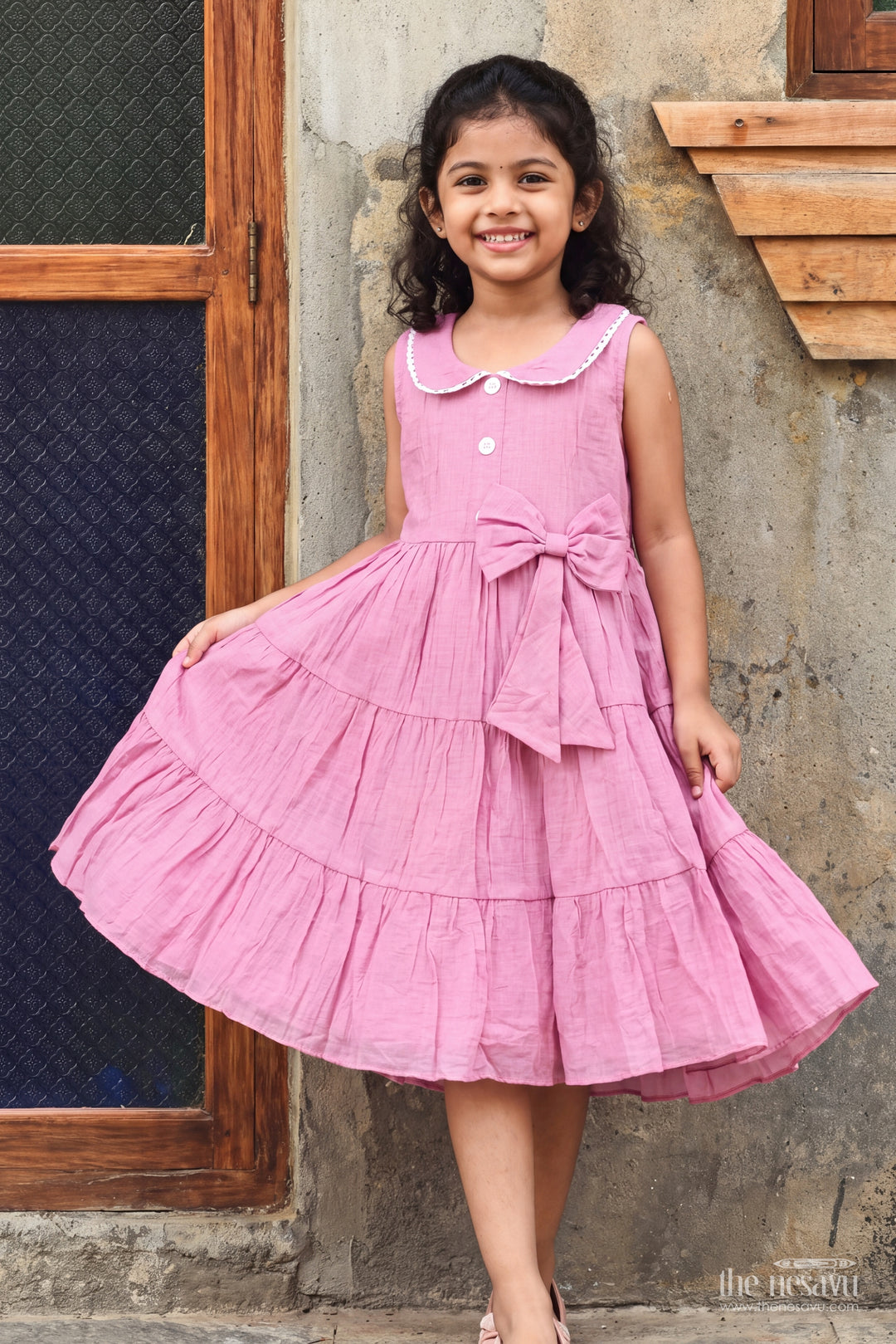 Girls Cotton Blend Frock in Mauve Pink with Tiered Collar Bow