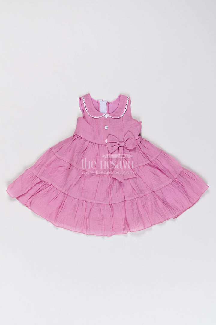 Girls Cotton Blend Frock in Mauve Pink with Tiered Collar Bow