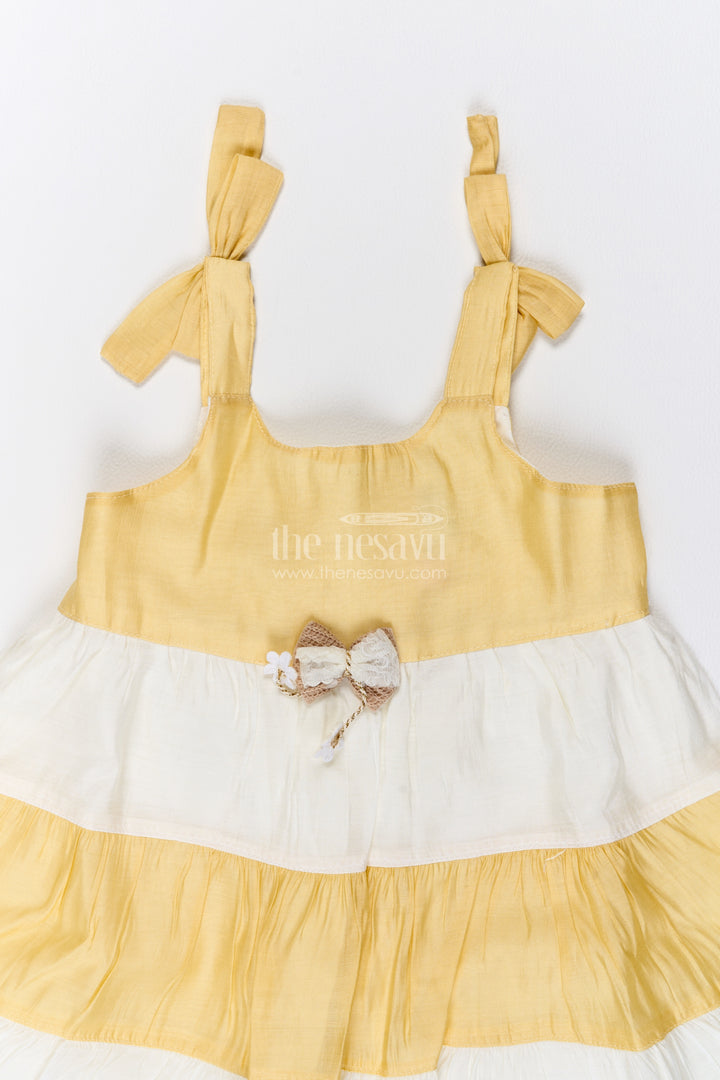 Girls Yellow Colour Block Bow Cotton Blend Frock