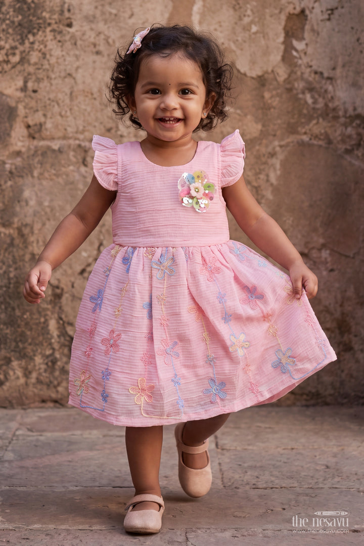 Girls Cotton Blend Frock in Baby Pink with Flower Trail Flutter