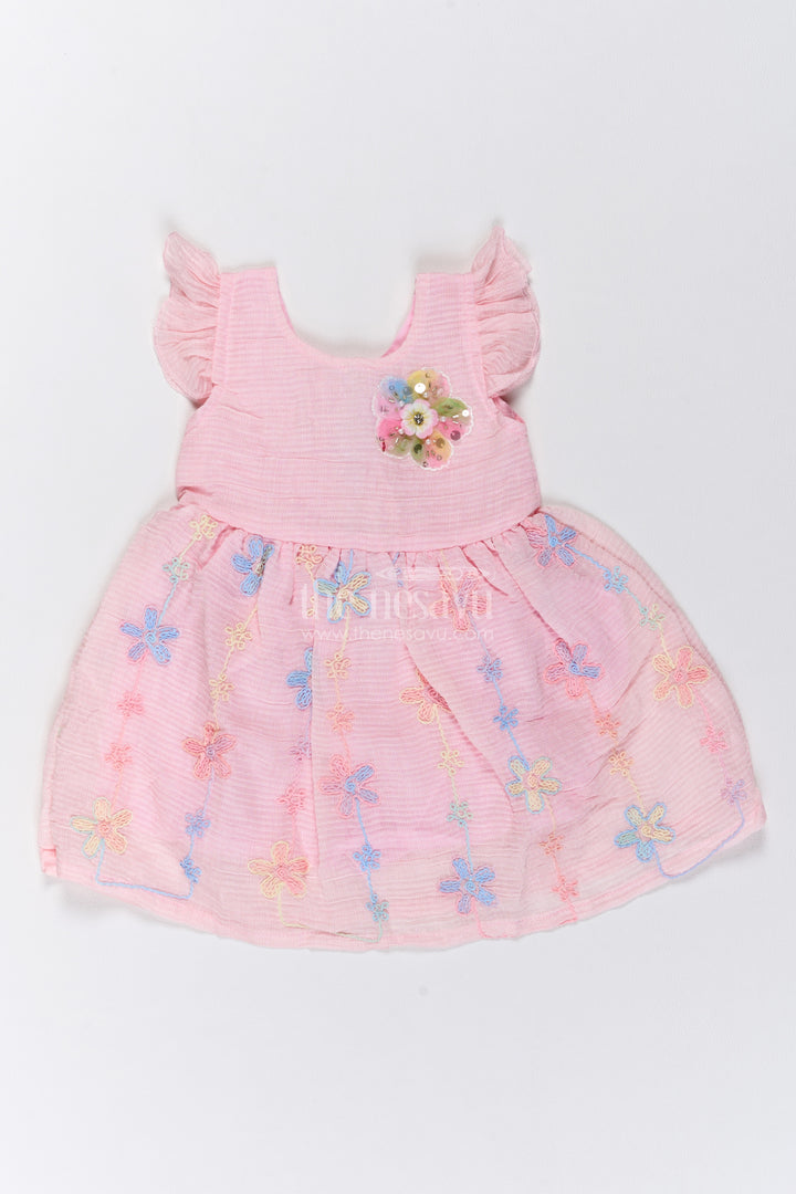 Girls Cotton Blend Frock in Baby Pink with Flower Trail Flutter