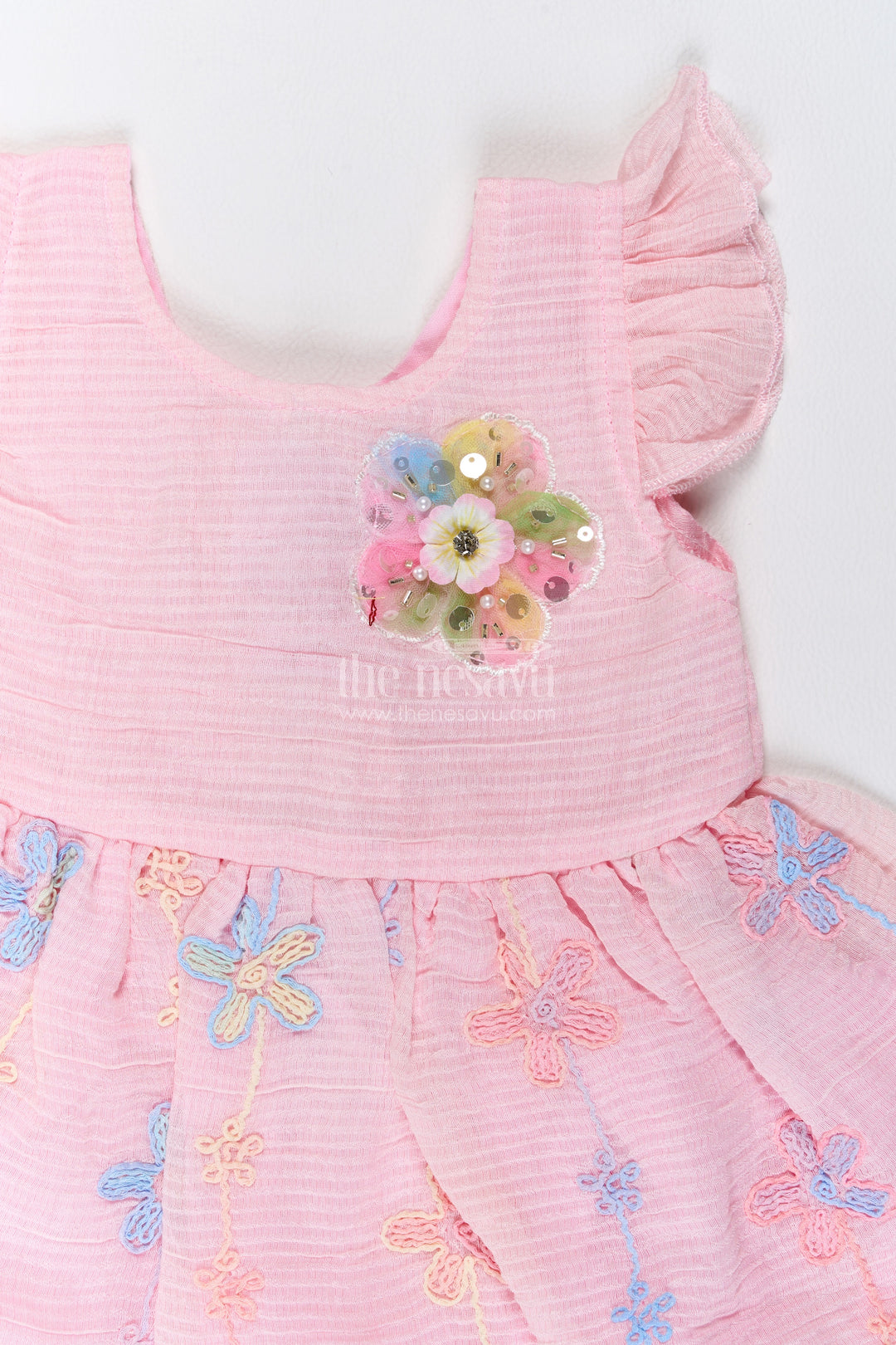 Girls Cotton Blend Frock in Baby Pink with Flower Trail Flutter