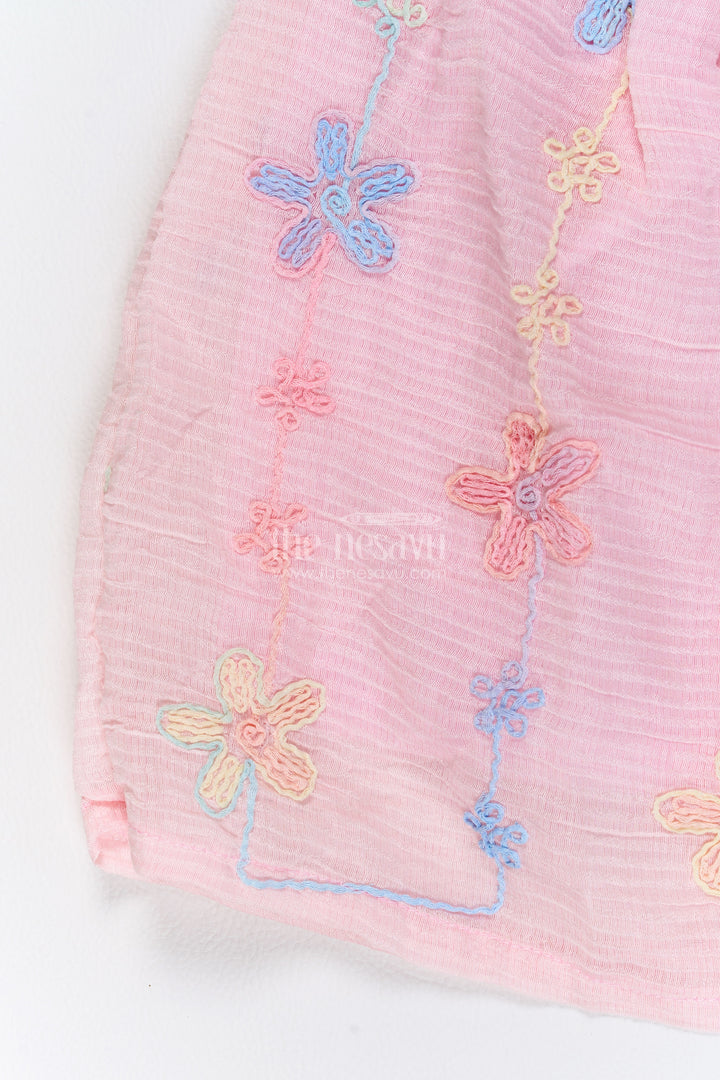 Girls Cotton Blend Frock in Baby Pink with Flower Trail Flutter