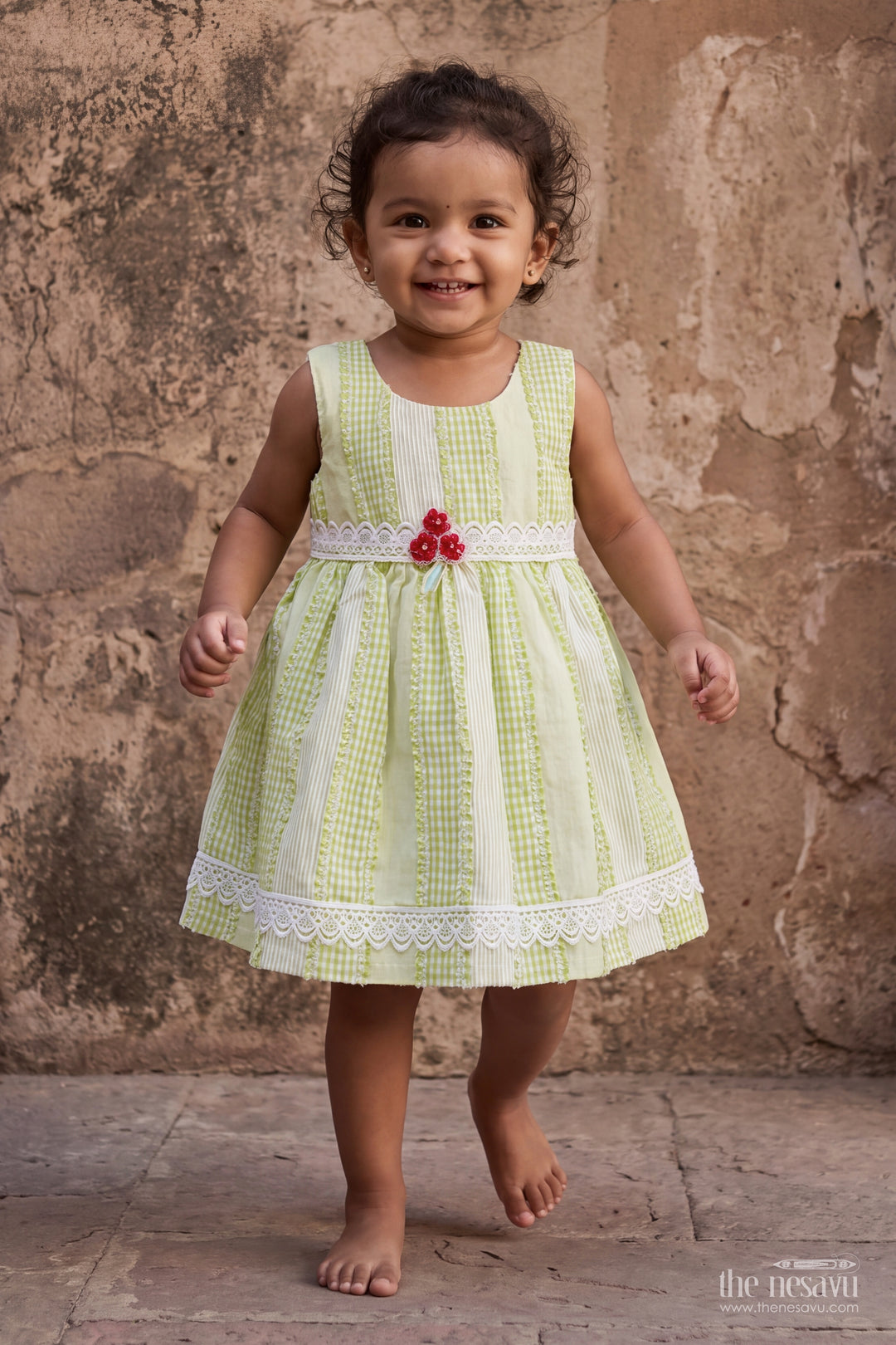 Girls Green Lace Trim Red Flower Cotton Frock