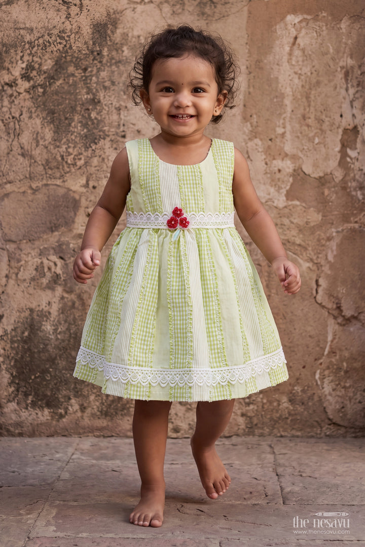 Girls Green Lace Trim Red Flower Cotton Frock
