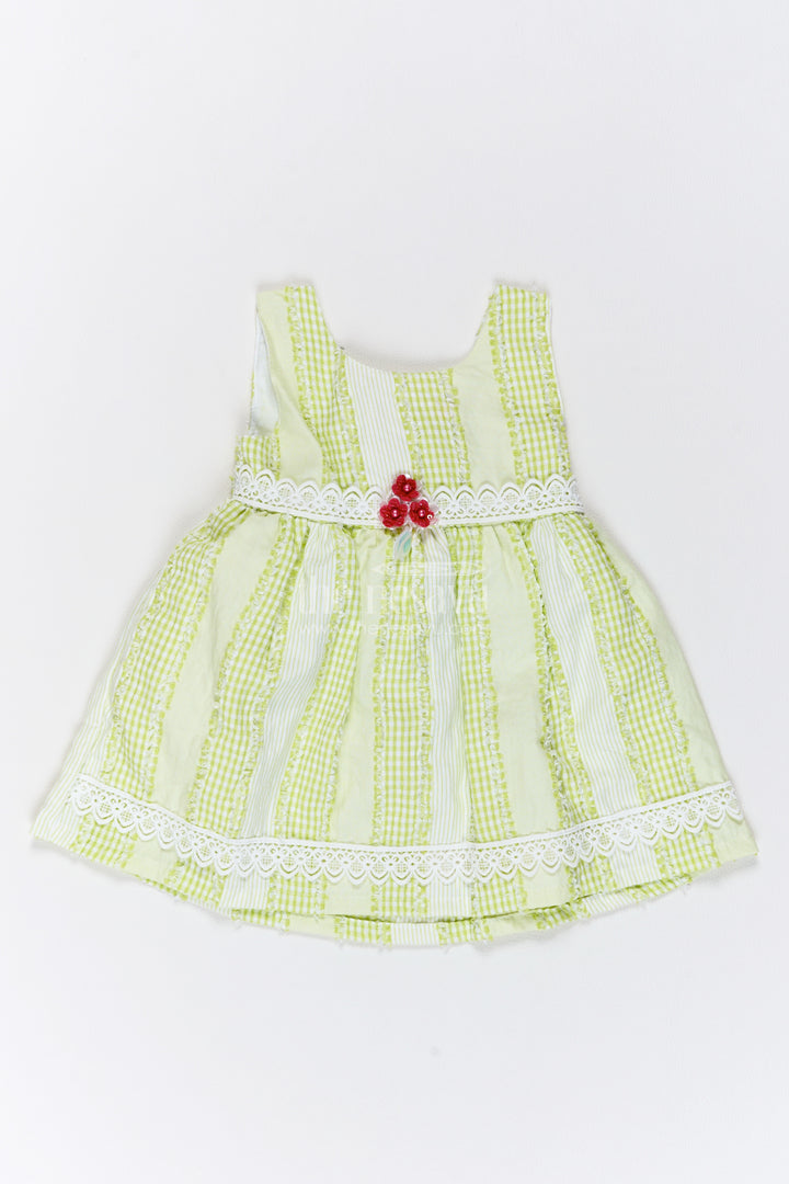 Girls Green Lace Trim Red Flower Cotton Frock