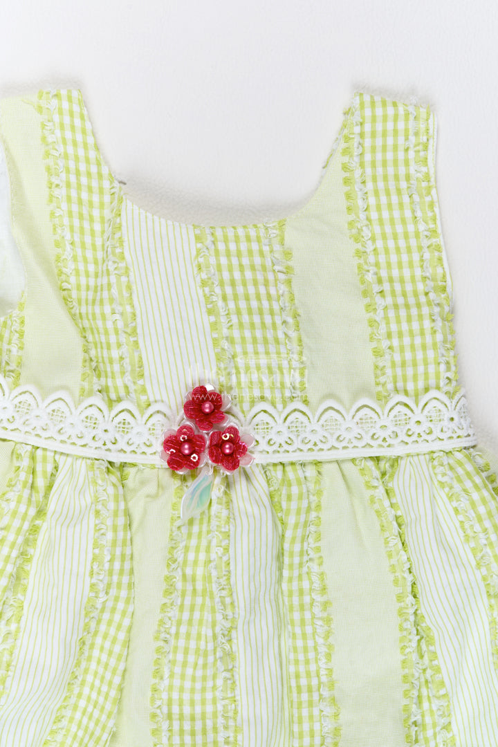 Girls Green Lace Trim Red Flower Cotton Frock