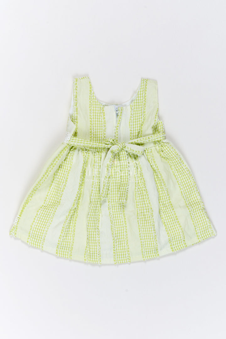 Girls Green Lace Trim Red Flower Cotton Frock