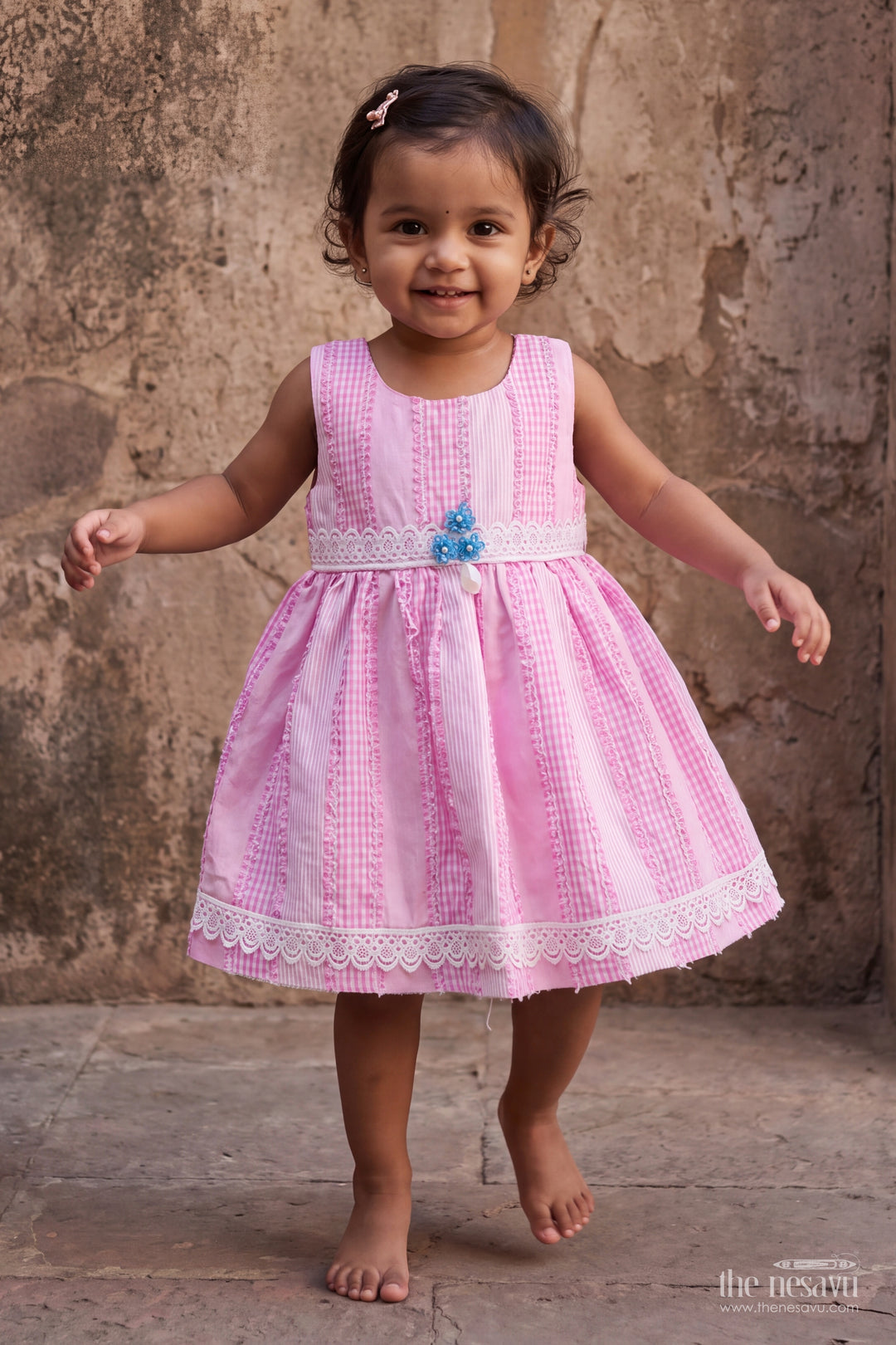 Girls Cotton Frock in Pink with Striped Lace Blue Flower
