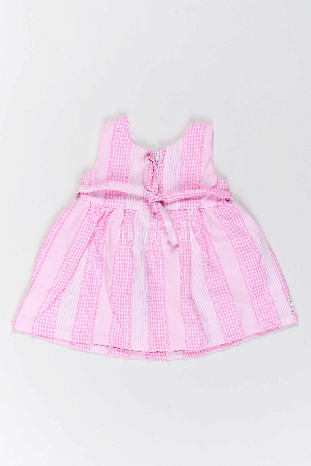 Girls Cotton Frock in Pink with Striped Lace Blue Flower