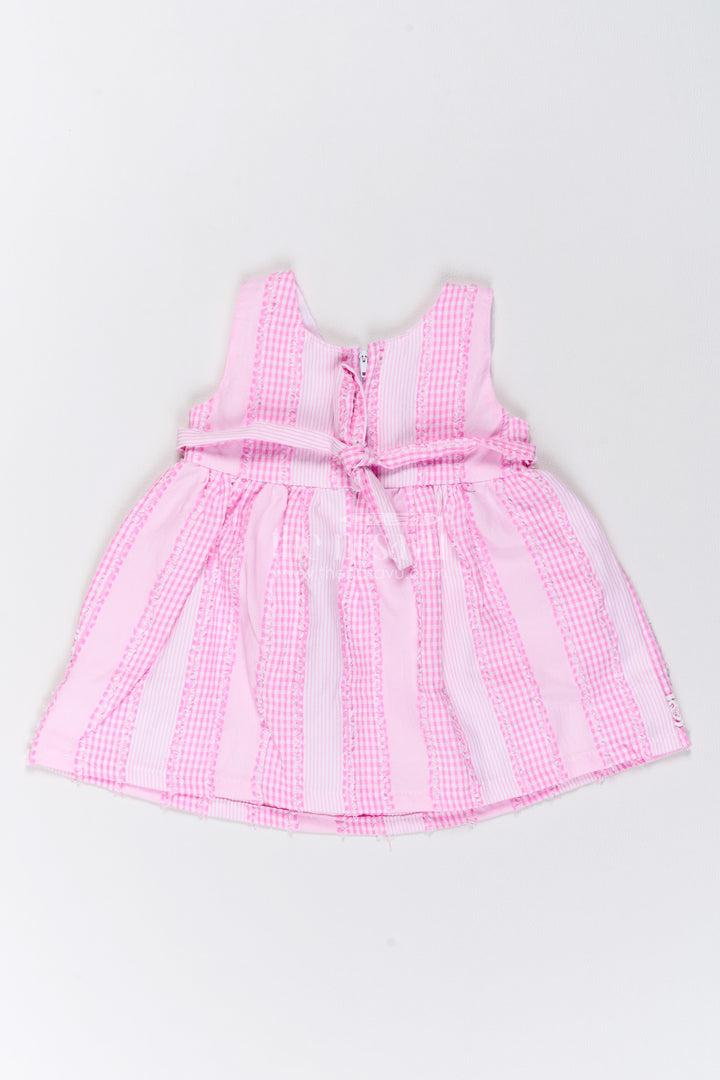 Girls Cotton Frock in Pink with Striped Lace Blue Flower