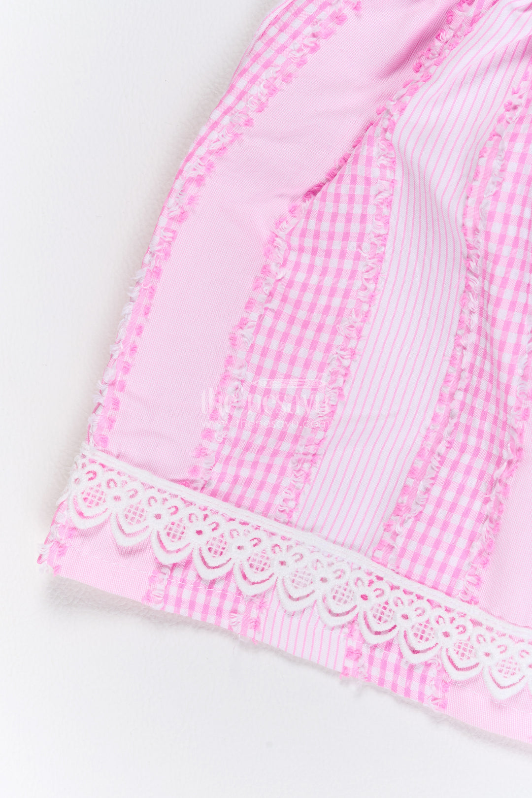 Girls Cotton Frock in Pink with Striped Lace Blue Flower