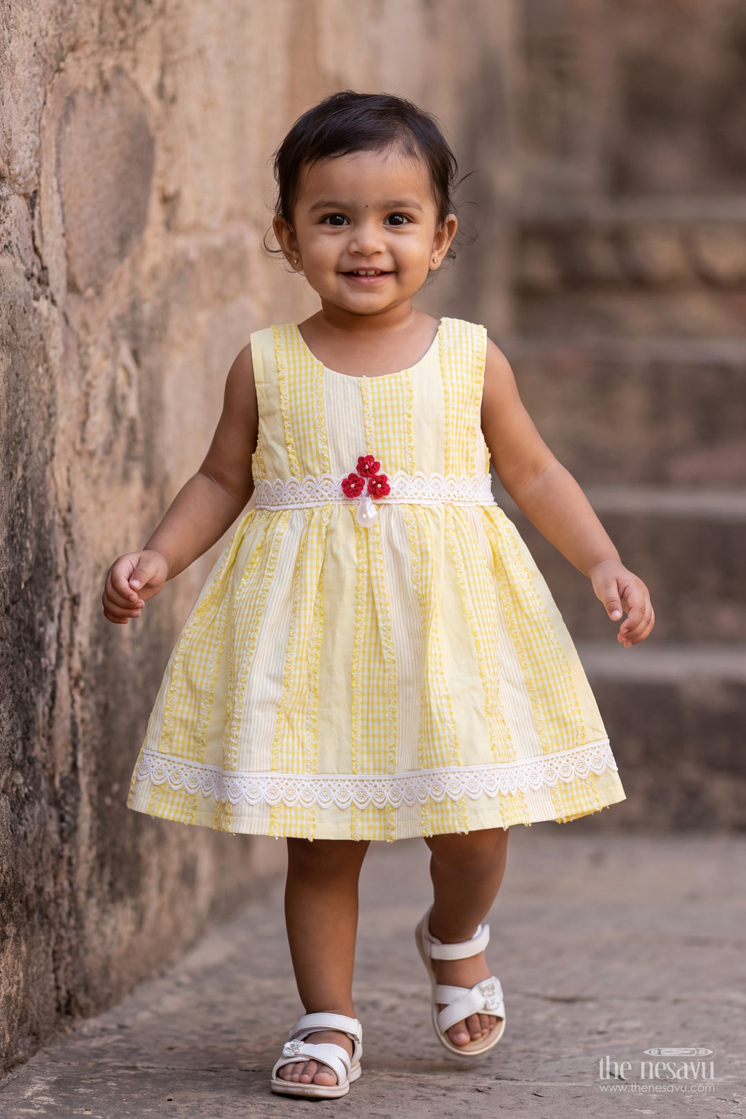 Girls Yellow Cotton Striped Lace Red Flower Frock