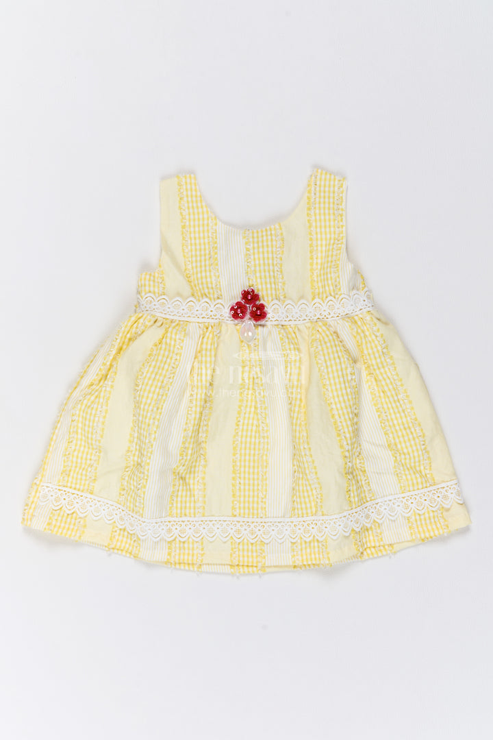 Girls Yellow Cotton Striped Lace Red Flower Frock