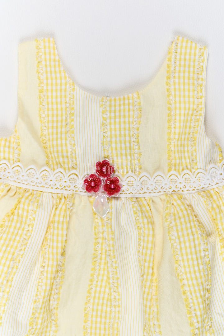 Girls Yellow Cotton Striped Lace Red Flower Frock