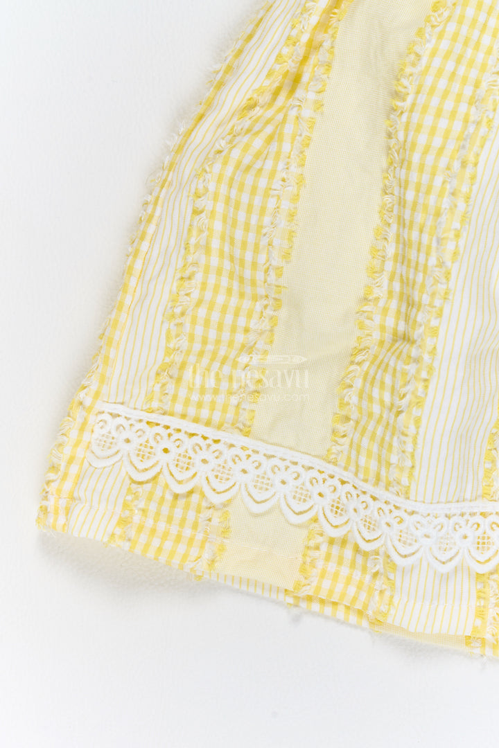 Girls Yellow Cotton Striped Lace Red Flower Frock