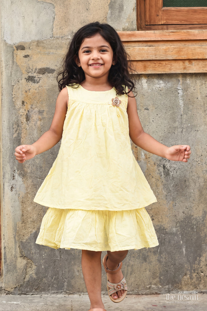 Girls Cotton Frock in Lemon Yellow with Tonal Floral Layers