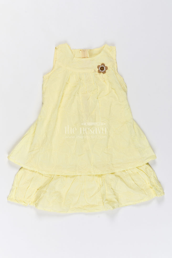 Girls Cotton Frock in Lemon Yellow with Tonal Floral Layers