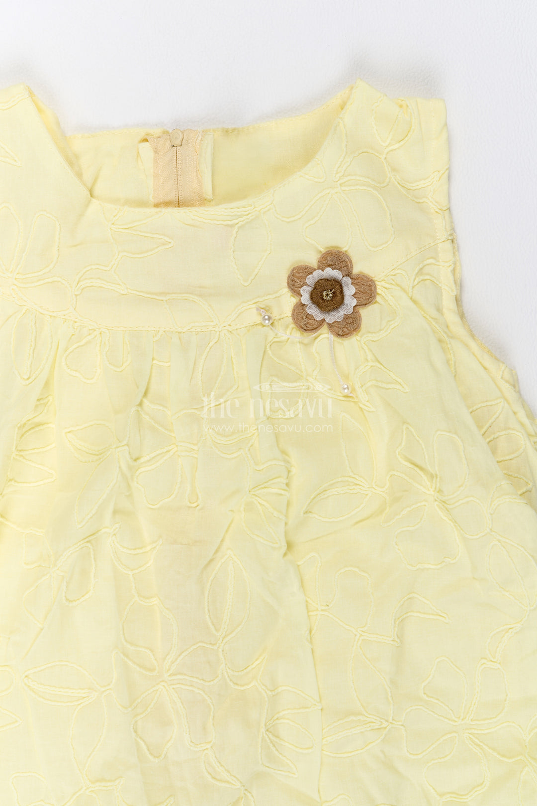Girls Cotton Frock in Lemon Yellow with Tonal Floral Layers