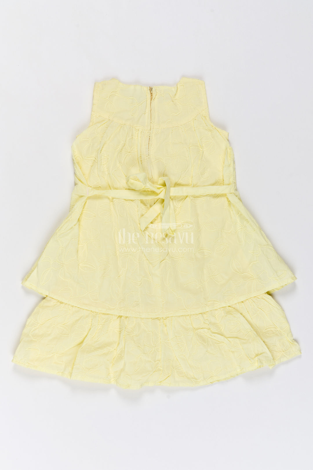 Girls Cotton Frock in Lemon Yellow with Tonal Floral Layers